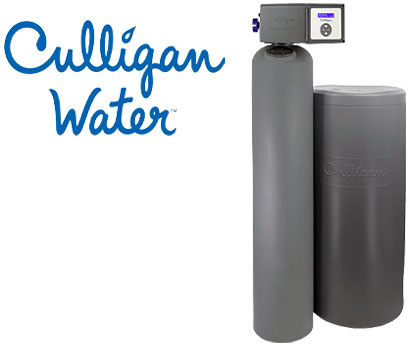 A product image of a Culligan Water filtration system and water softener, with the company logo next to the equipment, representing a solution for clean water in Lake County, FL.