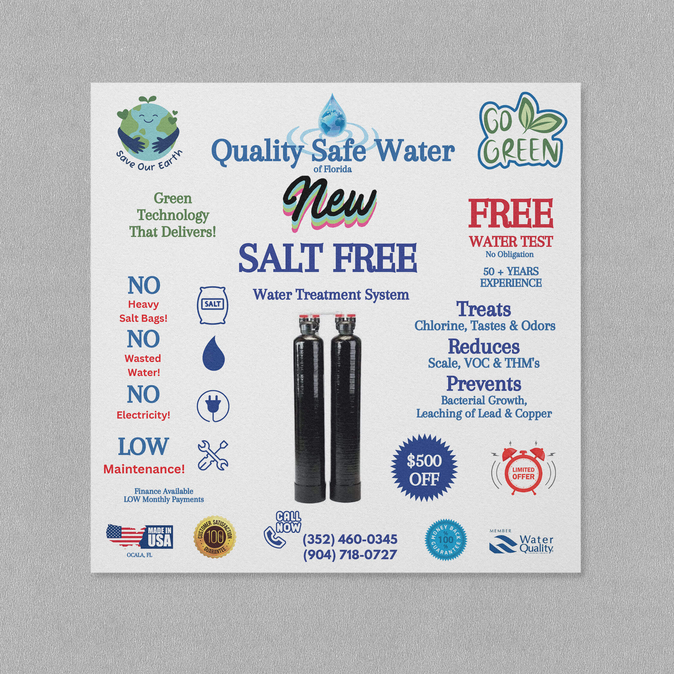 A promotional flyer for Quality Safe Water of Florida in Lake County, FL, advertising a new salt-free water treatment system.