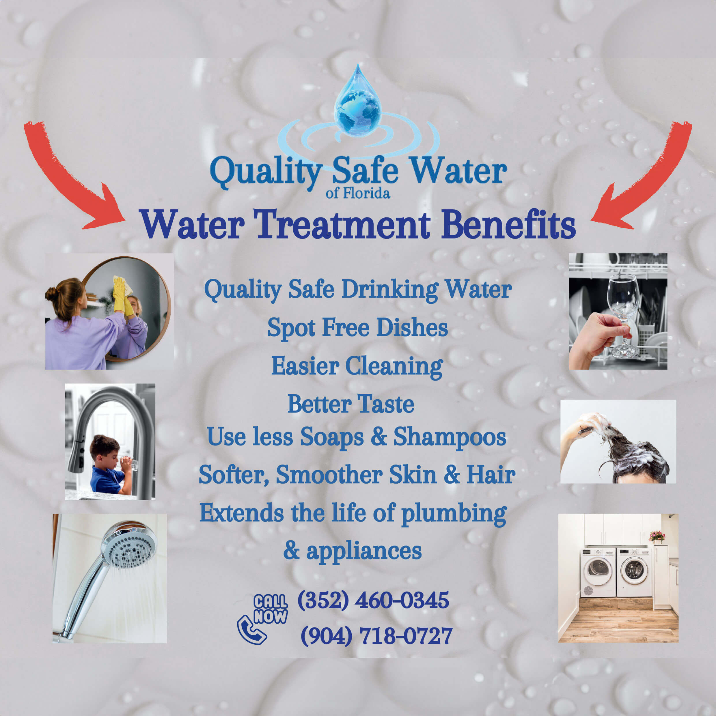 A graphic from Quality Safe Water of Florida for Lake County, FL, highlighting the benefits of water treatment, including quality drinking water, spot-free dishes, softer skin and hair, and extended plumbing life.