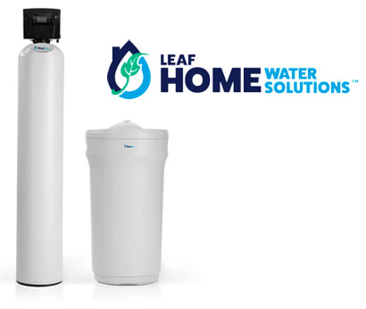 A product image from Leaf Home Water Solutions for Lake County, FL, showing a water filtration system and a tank next to the company logo.