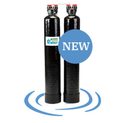 A dual-tank water filtration system with black cylindrical tanks and red fittings is shown, labeled with "Green Water," and a blue circle with the word "NEW."