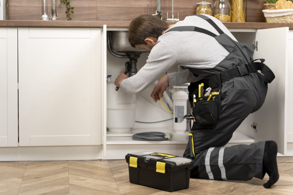 A plumber in Lake County, FL, is on his knees, working on a water filtration system under a kitchen sink, with his tool belt and a toolbox nearby.