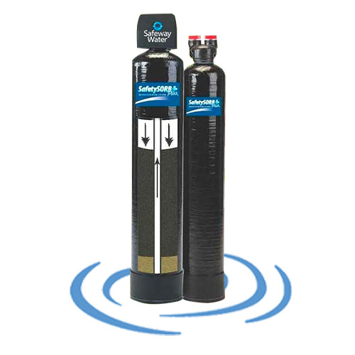 Two water filtration tanks labeled 'Safeway Water' and 'SafetySORB Plus,' with a diagram showing water flow through filtration layers, set against a blue ripple background in Lake County, FL.