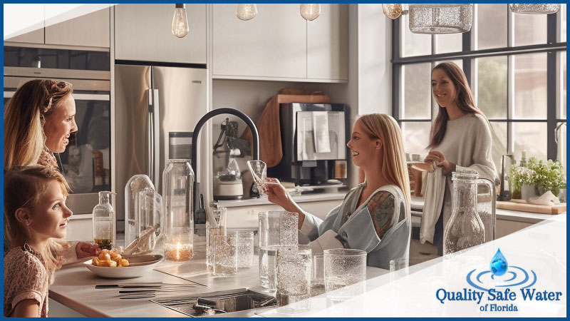 An illustration from Quality Safe Water of Florida for Lake County, FL, showing a family and friends gathered in a stylish kitchen, raising glasses in a toast, symbolizing celebration