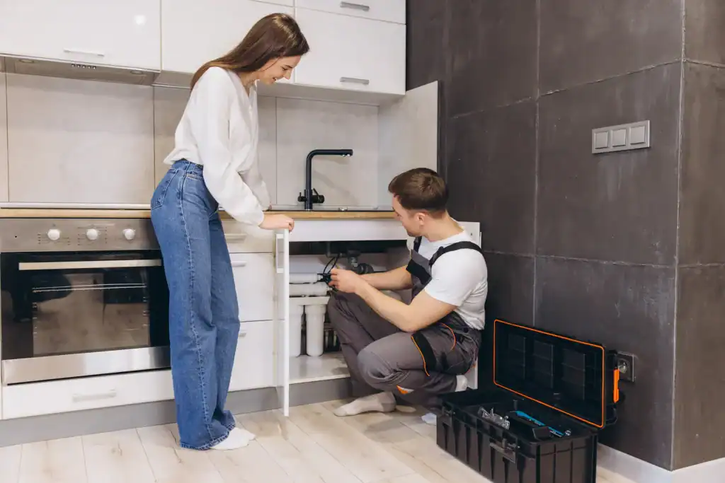 A plumber is installing or repairing a water filtration system under a kitchen sink in a home in Lake County, FL, while a woman observes.