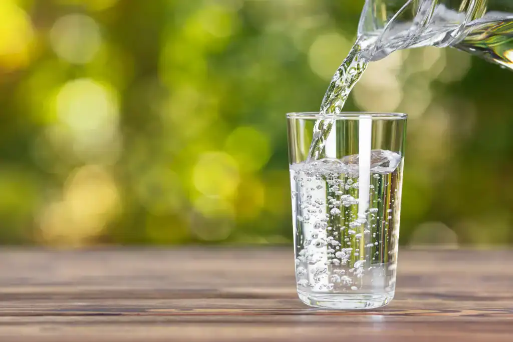 Clean, filtered water is poured from a clear pitcher into a glass on a wooden table in Lake County, FL, with a background of lush green trees and foliage.