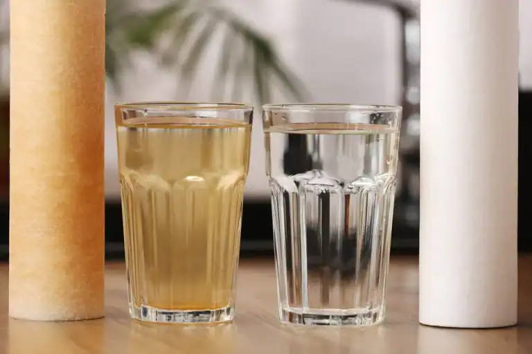 Two glasses of water sit side by side on a wooden surface in Lake County, FL—one filled with yellowish, murky water and the other with clear water, each accompanied by a cylindrical filter showing the contrast in filtration effectiveness.