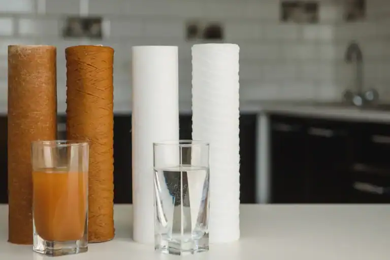 A side-by-side comparison shows a glass of cloudy, orange water next to a glass of clear water, with dirty and clean filter cartridges in the background, demonstrating the effectiveness of a water filter in Lake County, FL.