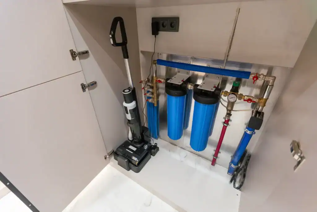 A high-quality whole-house water filtration system with two large blue filter housings and a pressure gauge is installed neatly in a cabinet in a home in Lake County, FL.