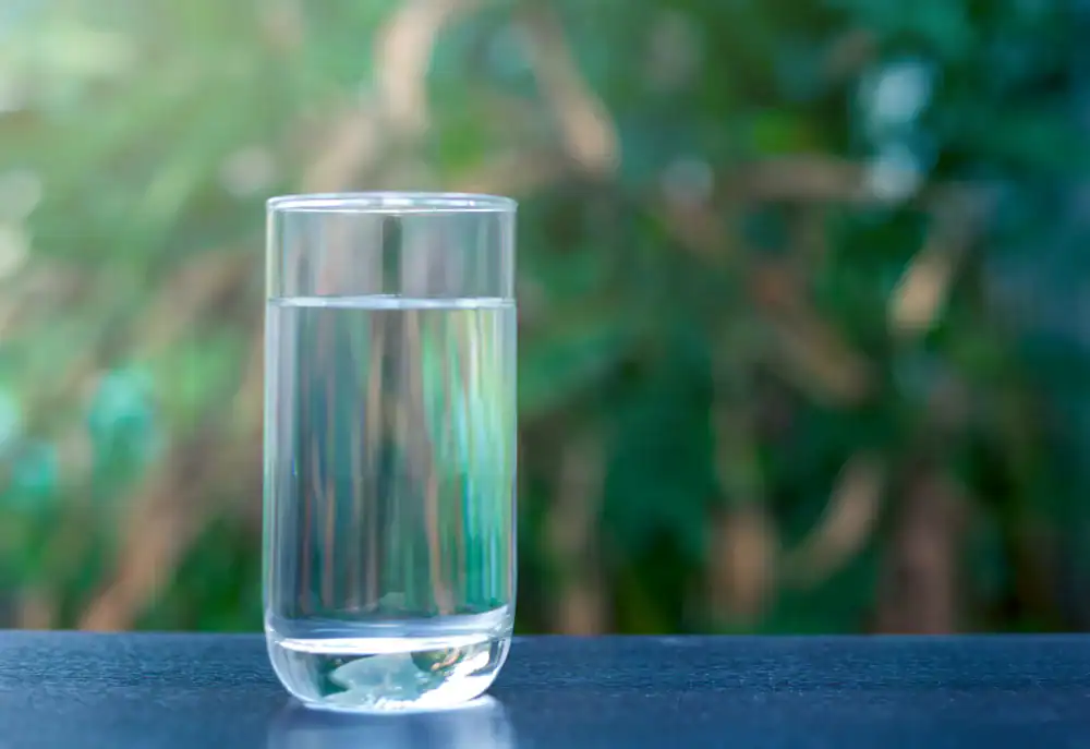 A clear glass of water sits on a dark surface with a blurred green outdoor background and sunlight streaming in from the top left corner, showcasing the purity possible with Water Filtration Systems Lake County, FL.